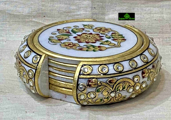 0463CRH- MARBLE COASTER SET WITH GOLD LEAF WORK ( SET OF 6 )